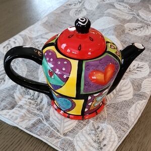 Naylor Designs Handpainted Teapot with Hearts in All Colorful